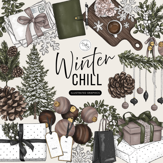 A cozy winter-themed collage of Scandinavian holiday items including pinecones, gifts, snowflakes, evergreen branches, and hot cocoa from the Winter Hygge Clipart Bundle.