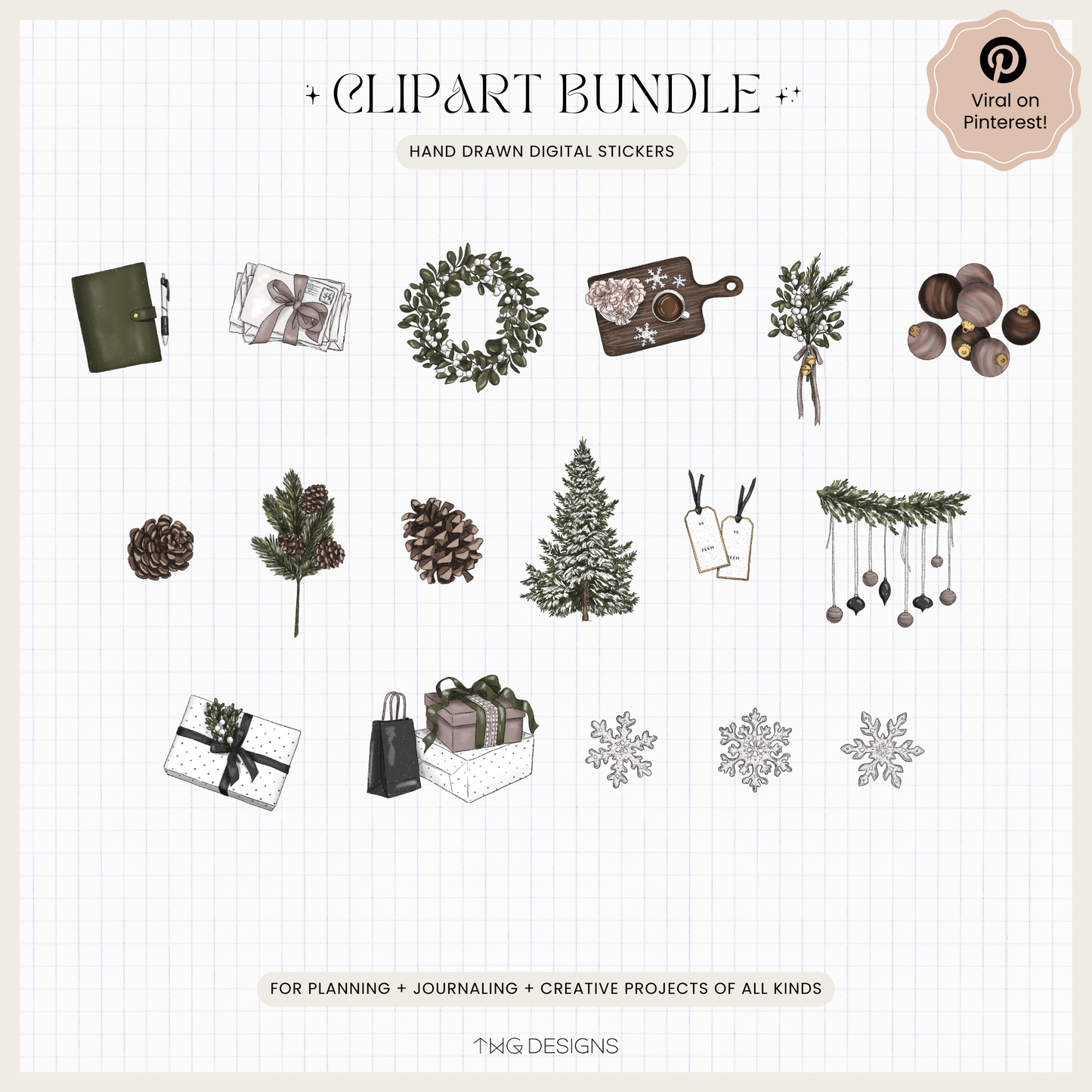 All 17 cozy winter PNGs displayed on a pale grid background featuring pine trees, ornaments, snowflakes, wrapped presents, and natural textures.