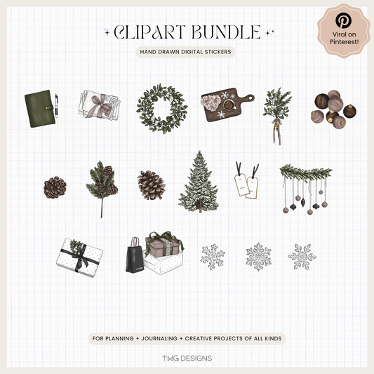 All 17 cozy winter PNGs displayed on a pale grid background featuring pine trees, ornaments, snowflakes, wrapped presents, and natural textures.