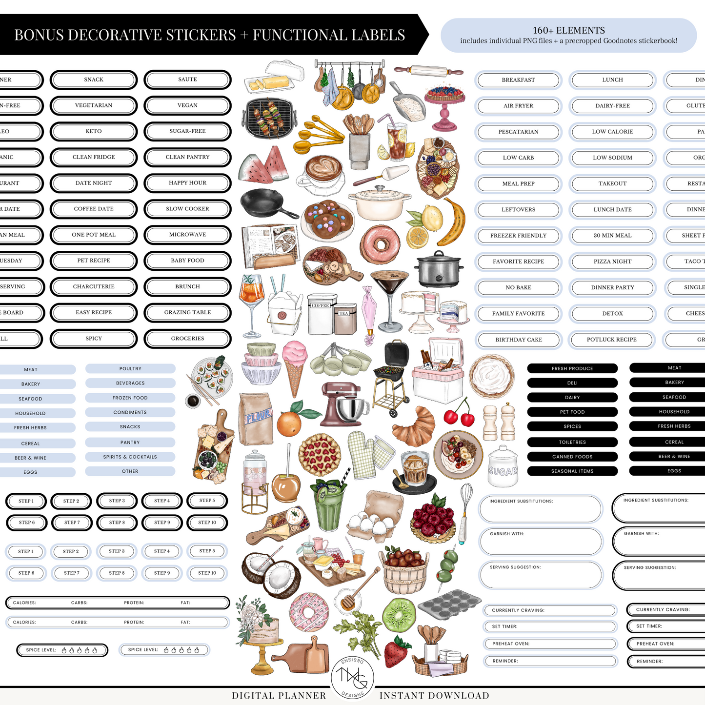 Over 260 decorative and functional PNG stickers, labels, and planner icons in kitchen and grocery themes.