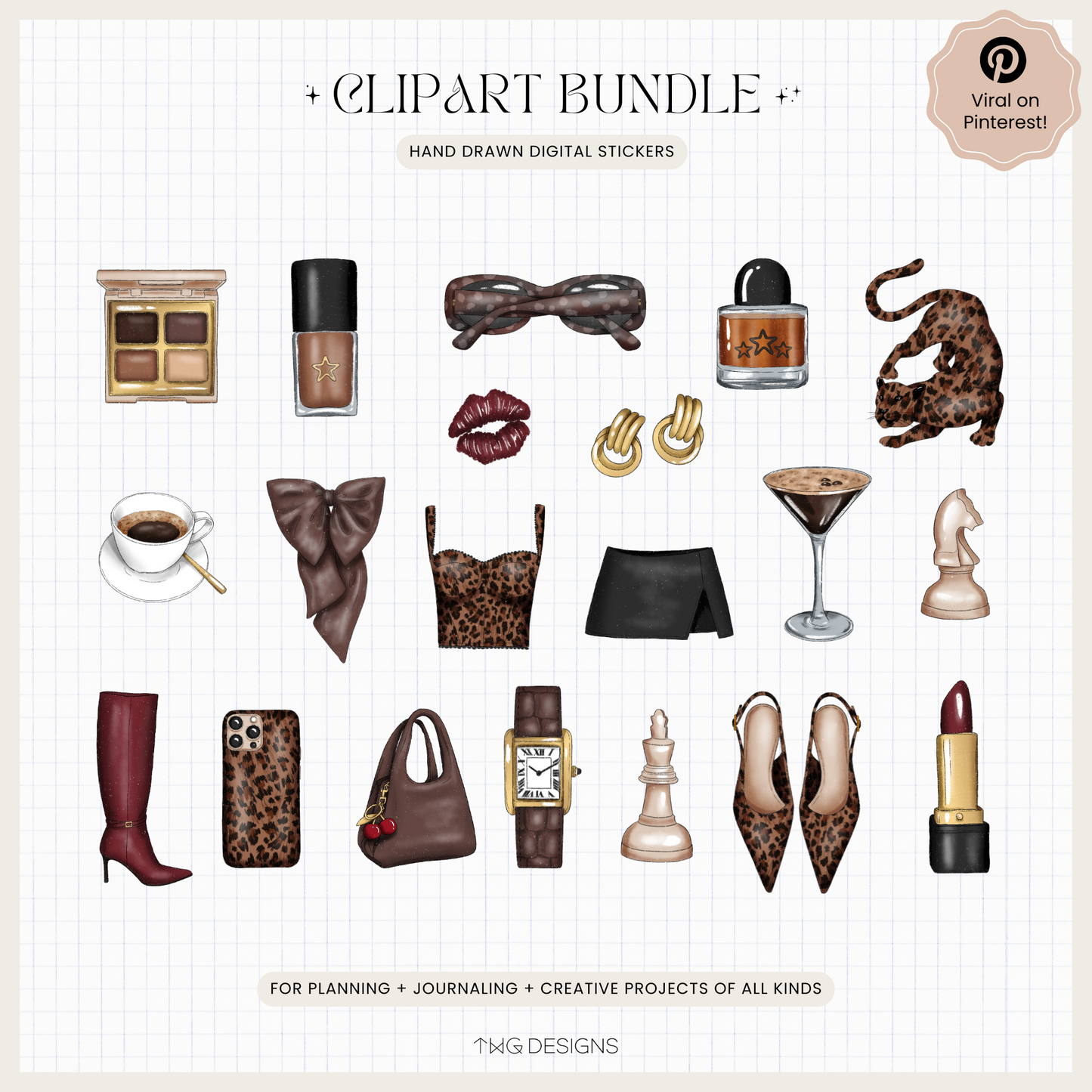 Flat lay of hand-drawn PNG clipart from the Espresso Clipart Bundle, including espresso martini, lipstick, heels, coffee cup, perfume, and leopard print accessories