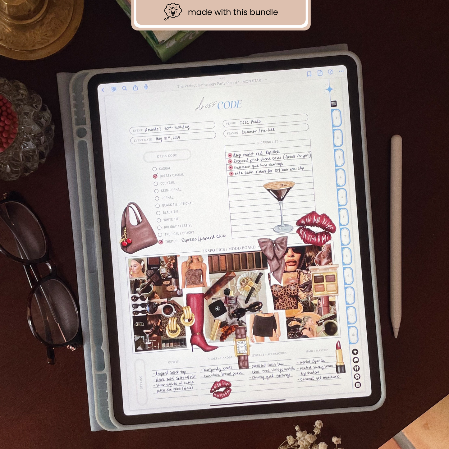 Digital planner mockup using Espresso Clipart Bundle on iPad, decorated with leopard print heels, coffee art, lipstick, and martinis