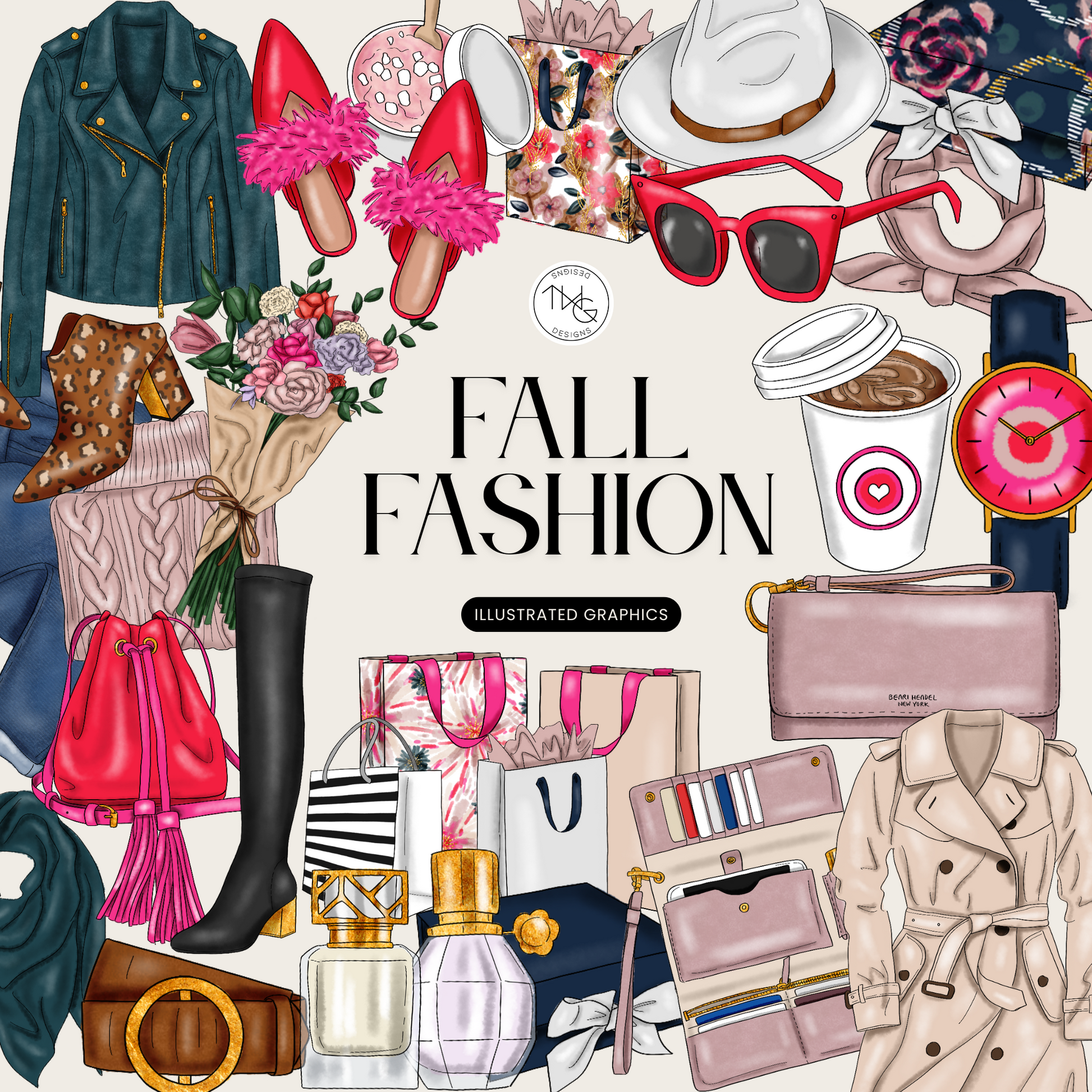 A collage of illustrated fall fashion elements including a trench coat, boots, handbags, coffee cup, sunglasses, perfume, and cozy layering pieces in rich autumn tones.