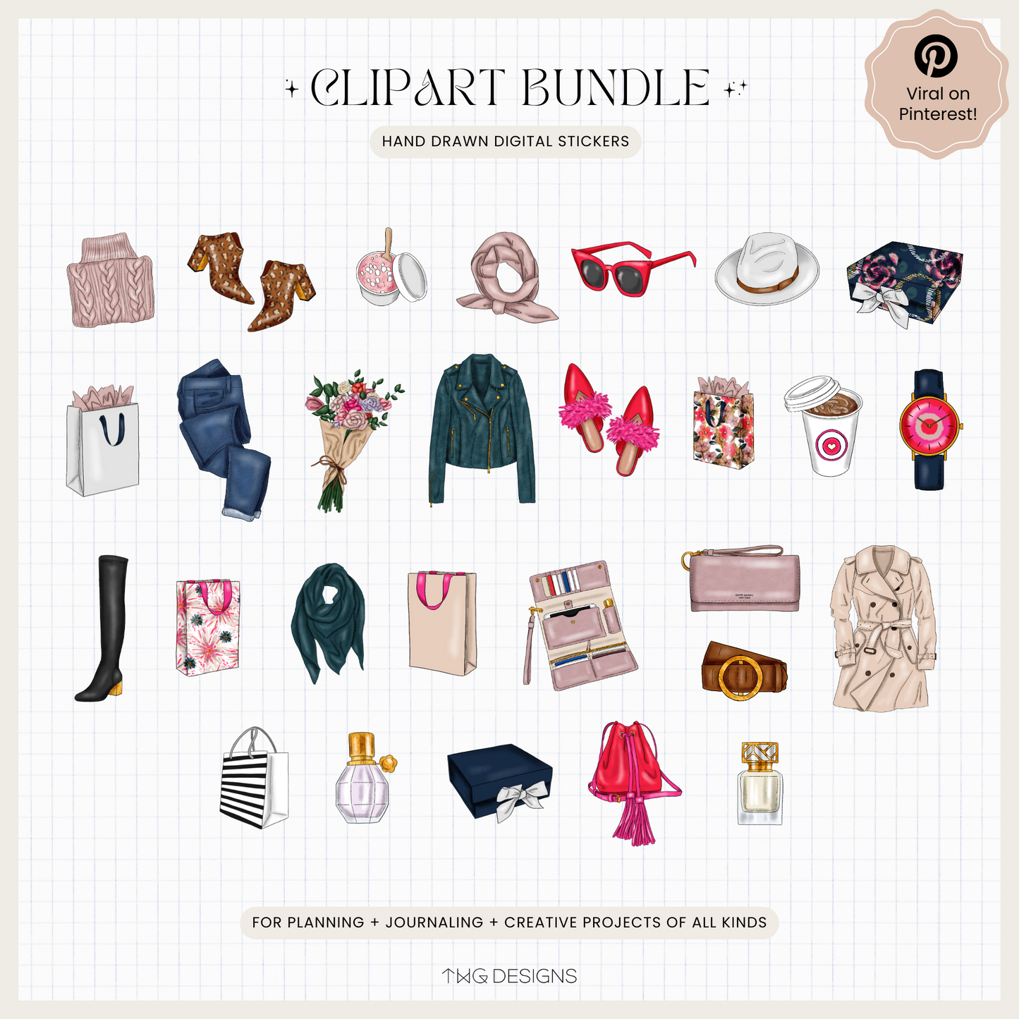 All 28 fall-themed PNGs arranged on a neutral grid background including accessories, clothing, beauty items, and seasonal staples.