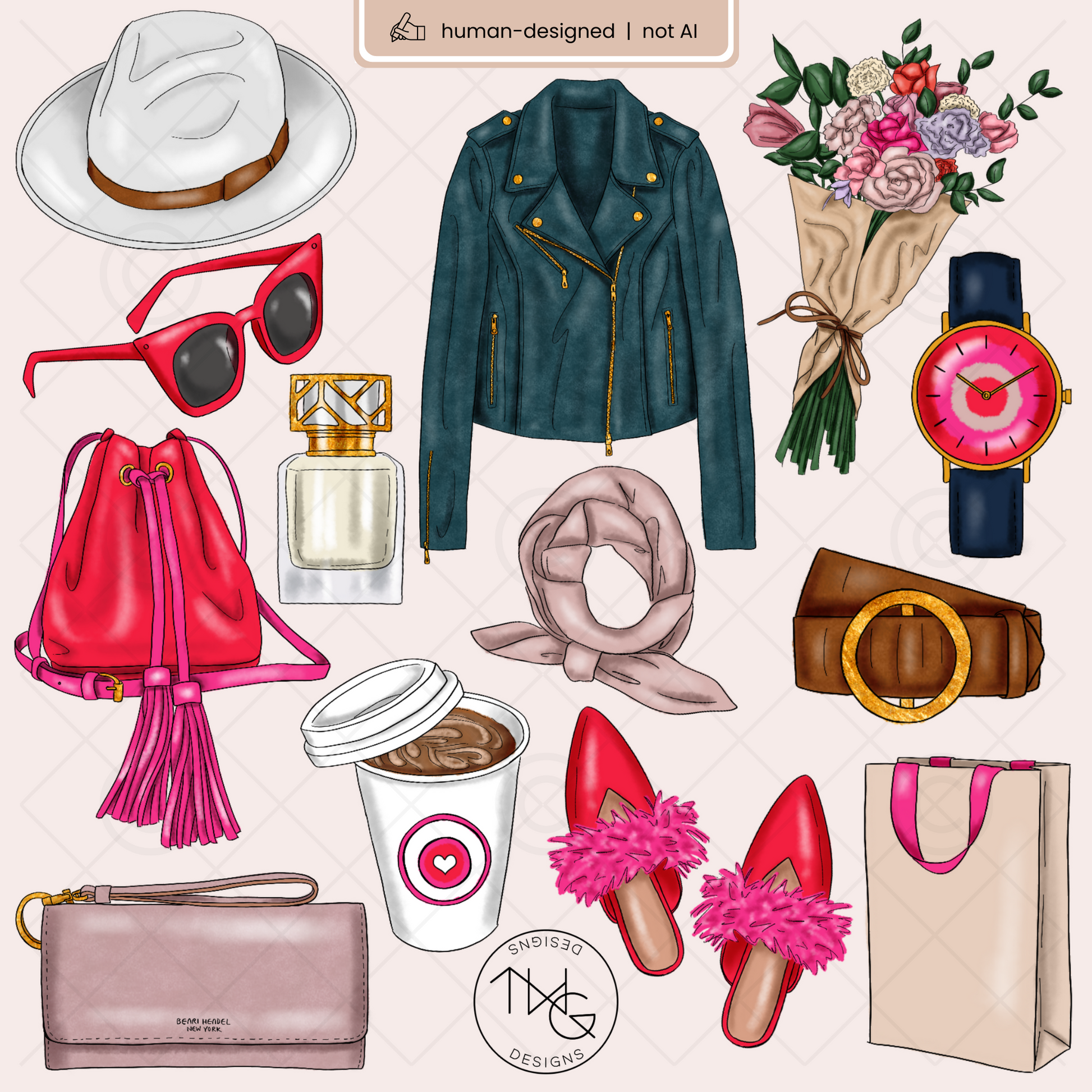 A zoomed-in collection of trench coat, boots, jewelry, and handbags for detailed visibility of texture and style.