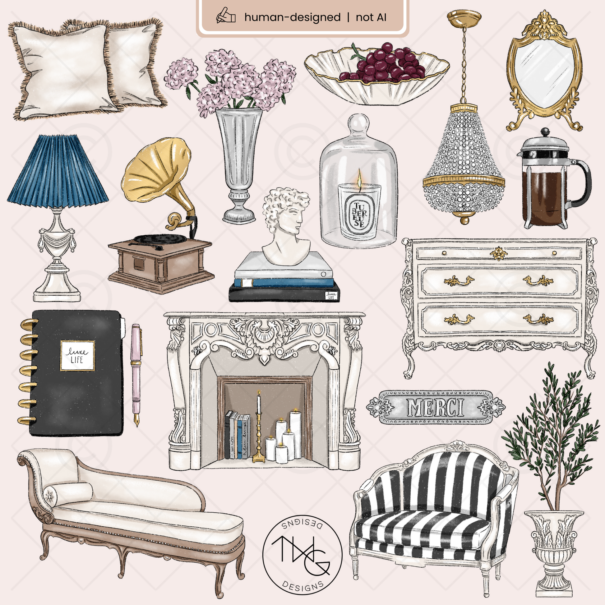 Interior design mood board mockup featuring elements from the bundle arranged on neutral and blush backgrounds.