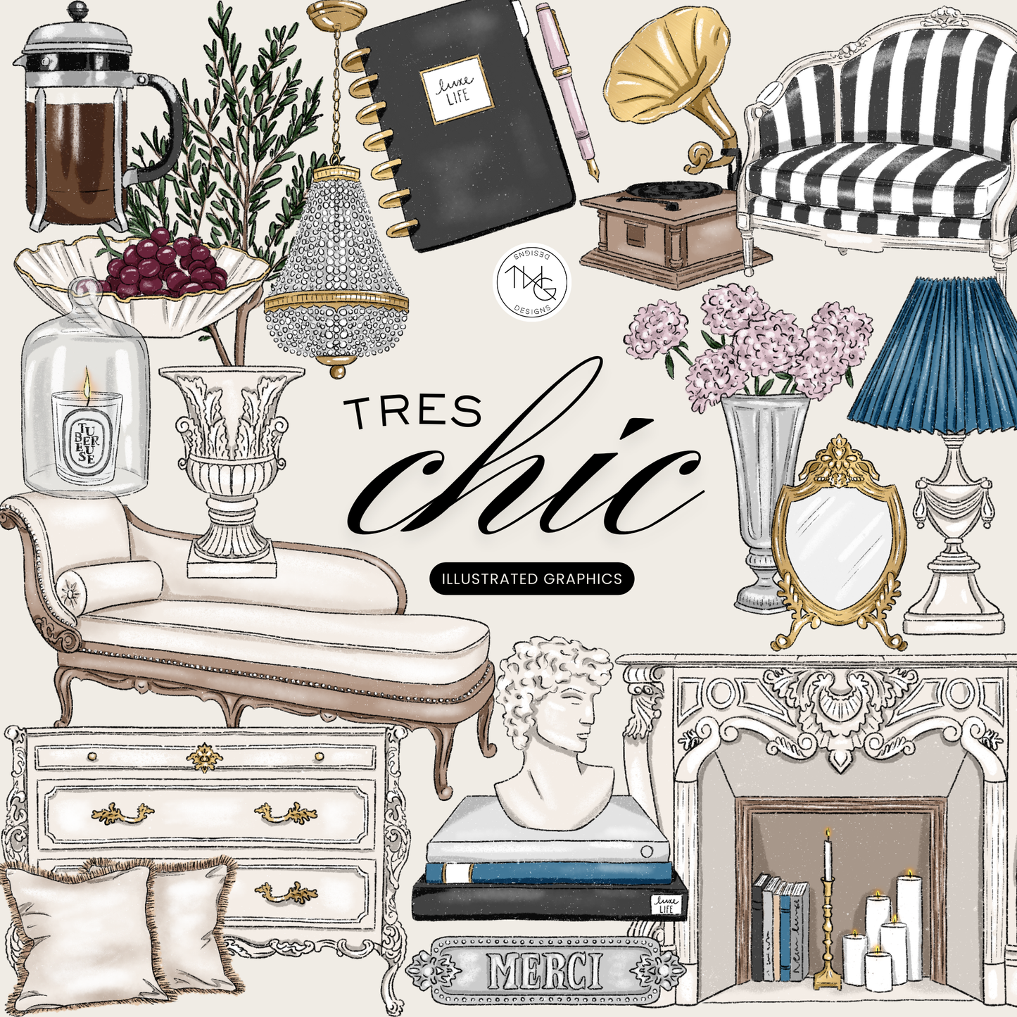A curated collection of illustrated French-inspired decor items including a bust, velvet chaise, chandelier, and striped armchair.