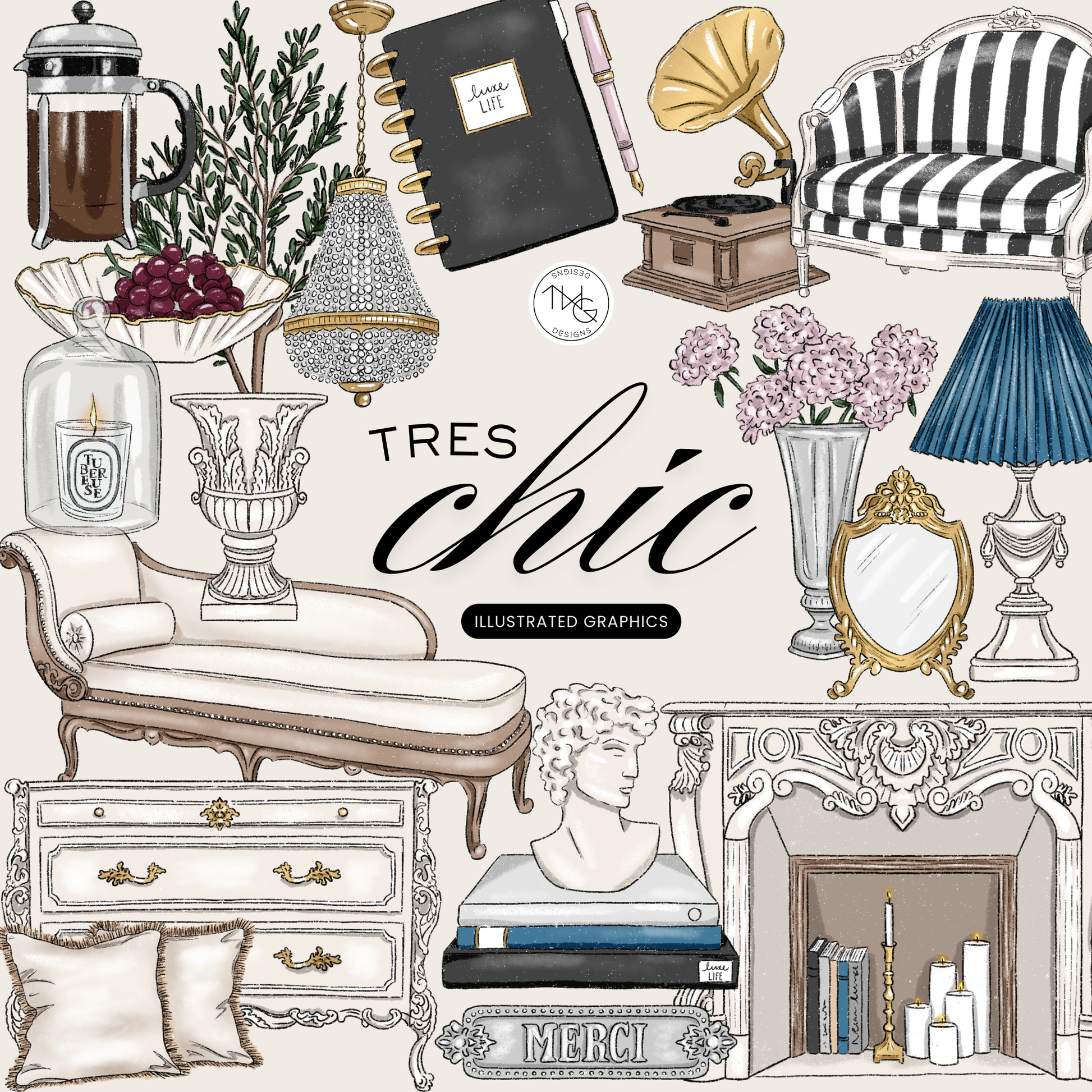 A curated collection of illustrated French-inspired decor items including a bust, velvet chaise, chandelier, and striped armchair.