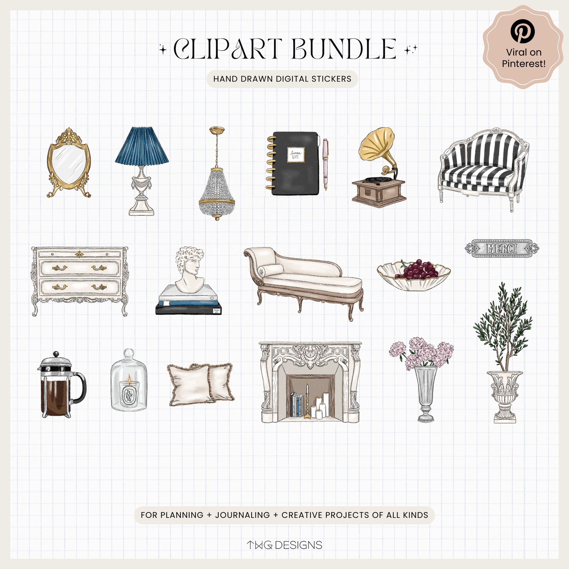 Full set of 15 individual PNGs including candles, pillows, mirrors, flowers, and classic furniture pieces.