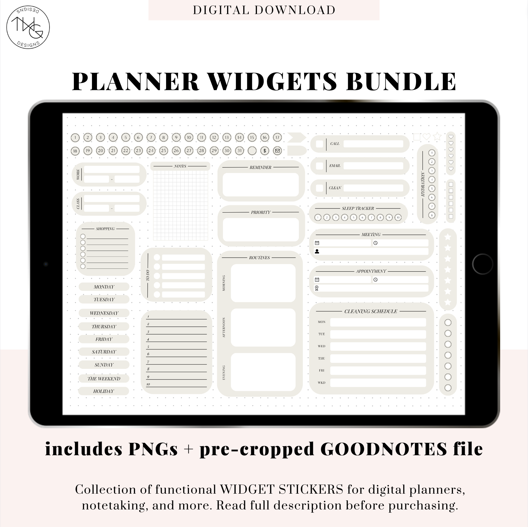 Pre-cropped GoodNotes sticker book displayed on iPad with 69 widget stickers for digital planners