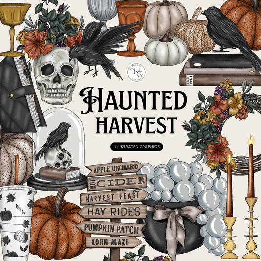A gothic-inspired collage of Halloween and harvest elements including crows, skulls, pumpkins, candles, and fall florals from the Haunted Harvest Clipart Bundle.