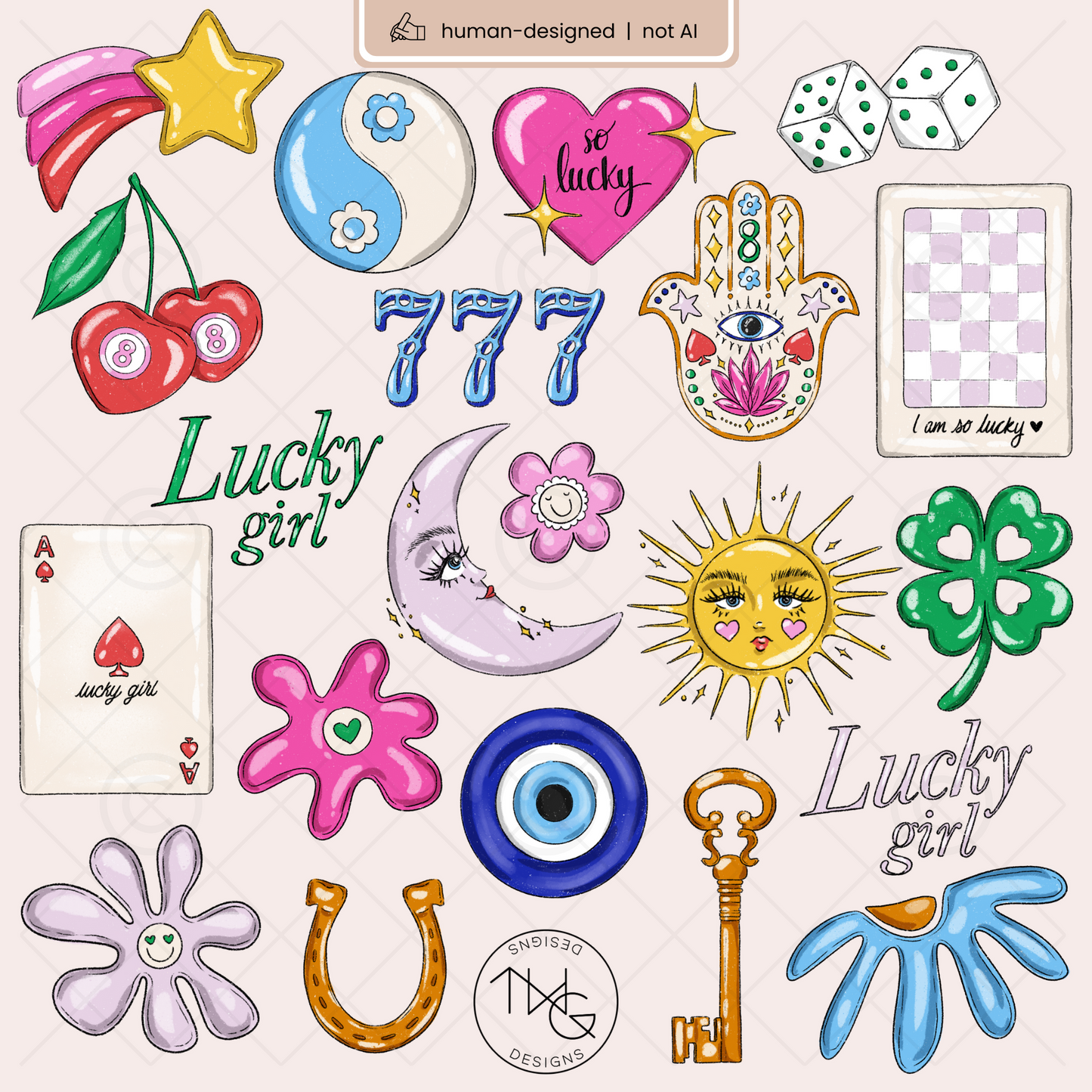 Clear display of key symbols such as the evil eye, yin yang, starburst, 777 slot icons, and playing cards.