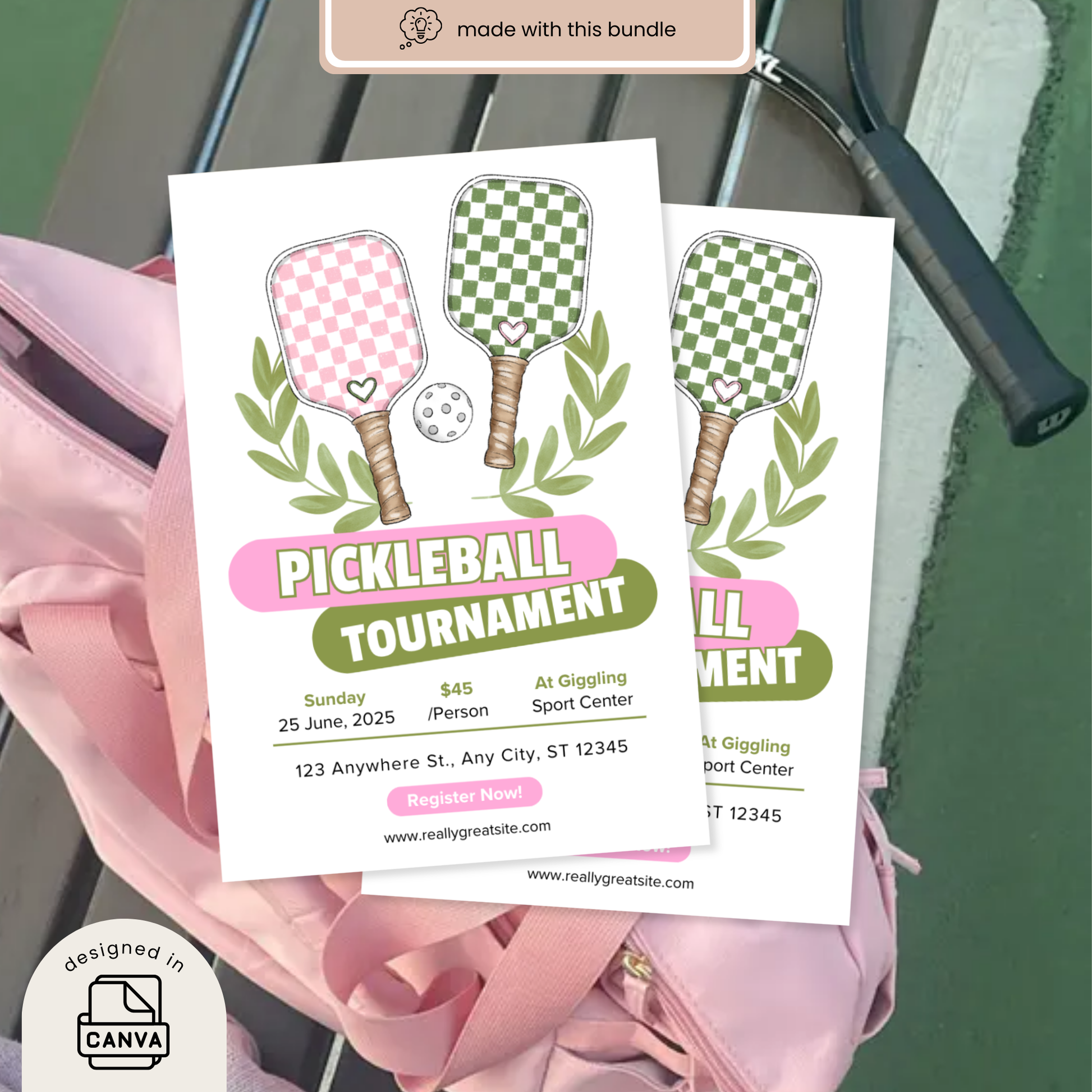 A pickleball tournament invitation designed with the clipart bundle printed on white cardstock and placed on a soft pink ribbon.