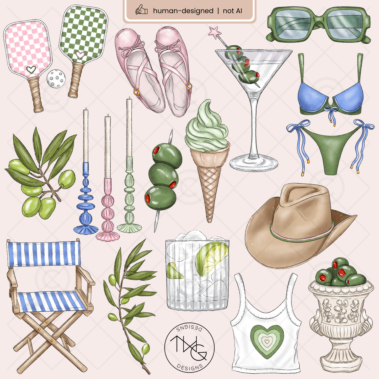A curated layout of individual clipart pieces such as sunglasses, bikini, ice cream, and potted olive tree with light shadows for clarity.