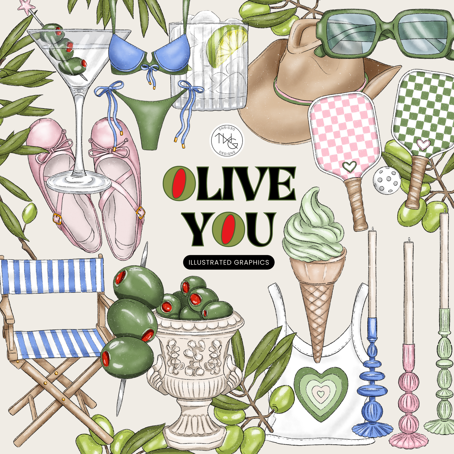 A collage of summer-inspired clipart elements including olives, martini glass, bikini, pickleball paddles, greenery, and accessories in soft greens and pinks.