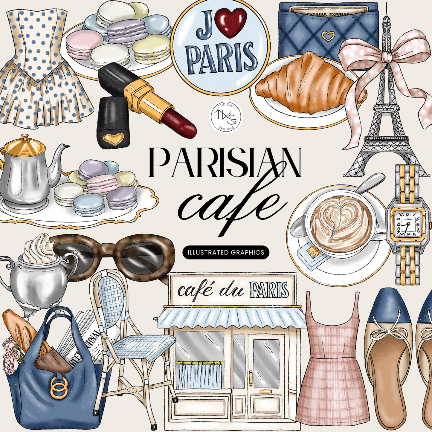 Collage of Parisian-themed clipart including Eiffel Tower, croissant, macaron plate, espresso cup, fashion items, and cafe storefront