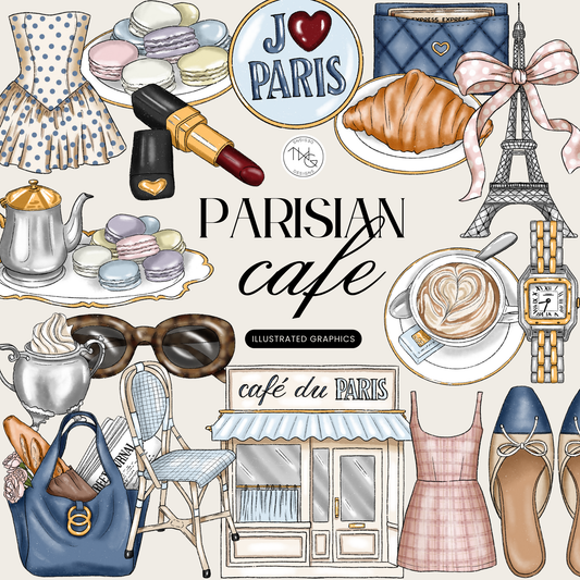 Collage of Parisian-themed clipart including Eiffel Tower, croissant, macaron plate, espresso cup, fashion items, and cafe storefront