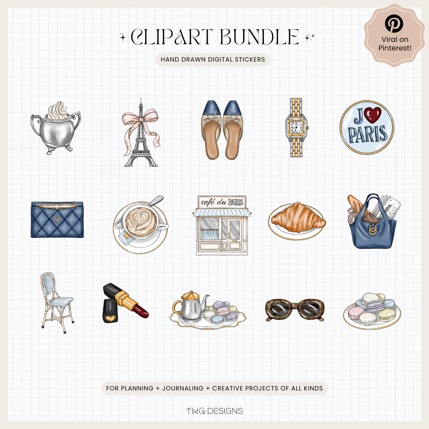 Paris cafe clipart elements shown in a neat grid on a white background