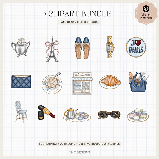 Paris cafe clipart elements shown in a neat grid on a white background