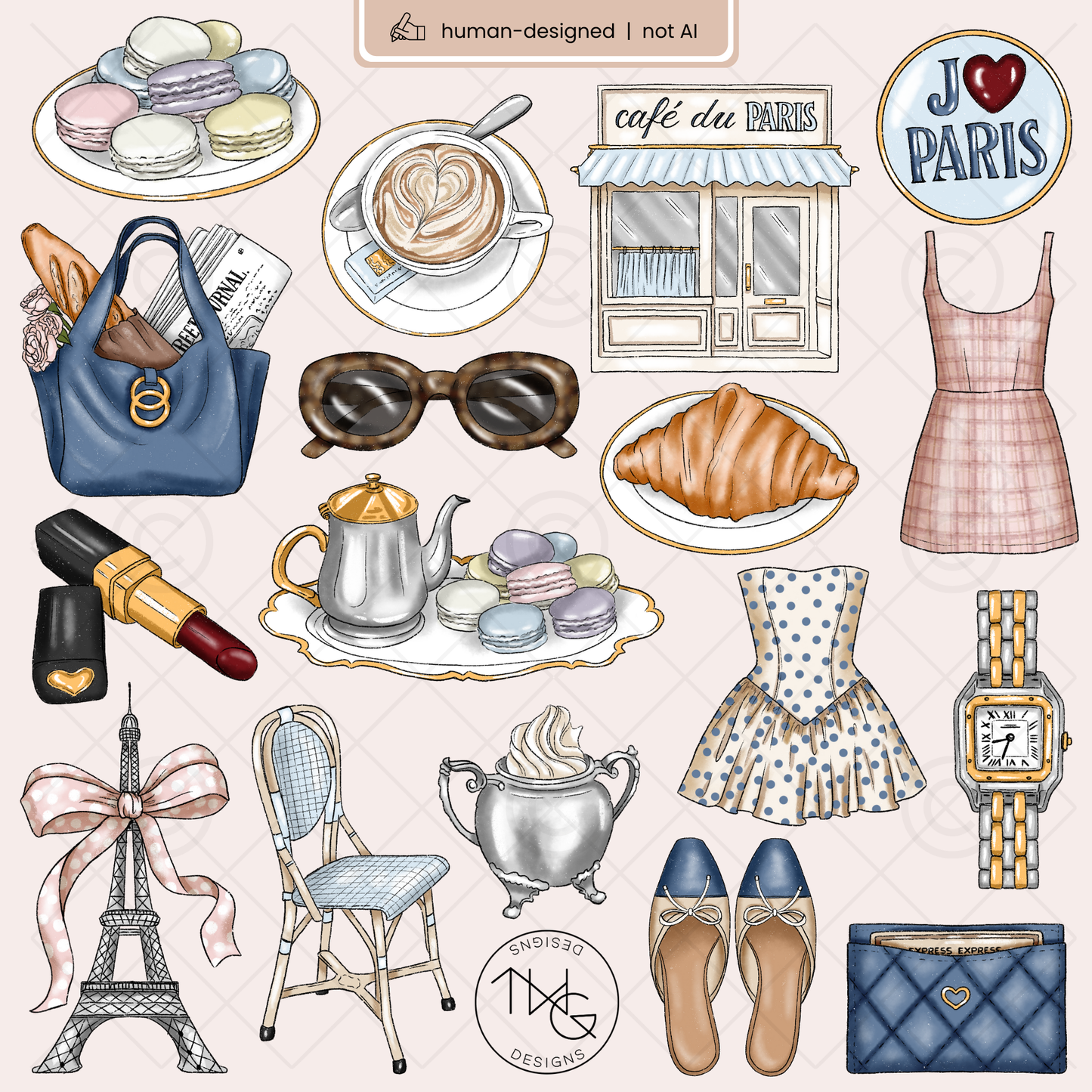 Paris cafe clipart arranged in a styled collage including fashion, food, and architectural elements