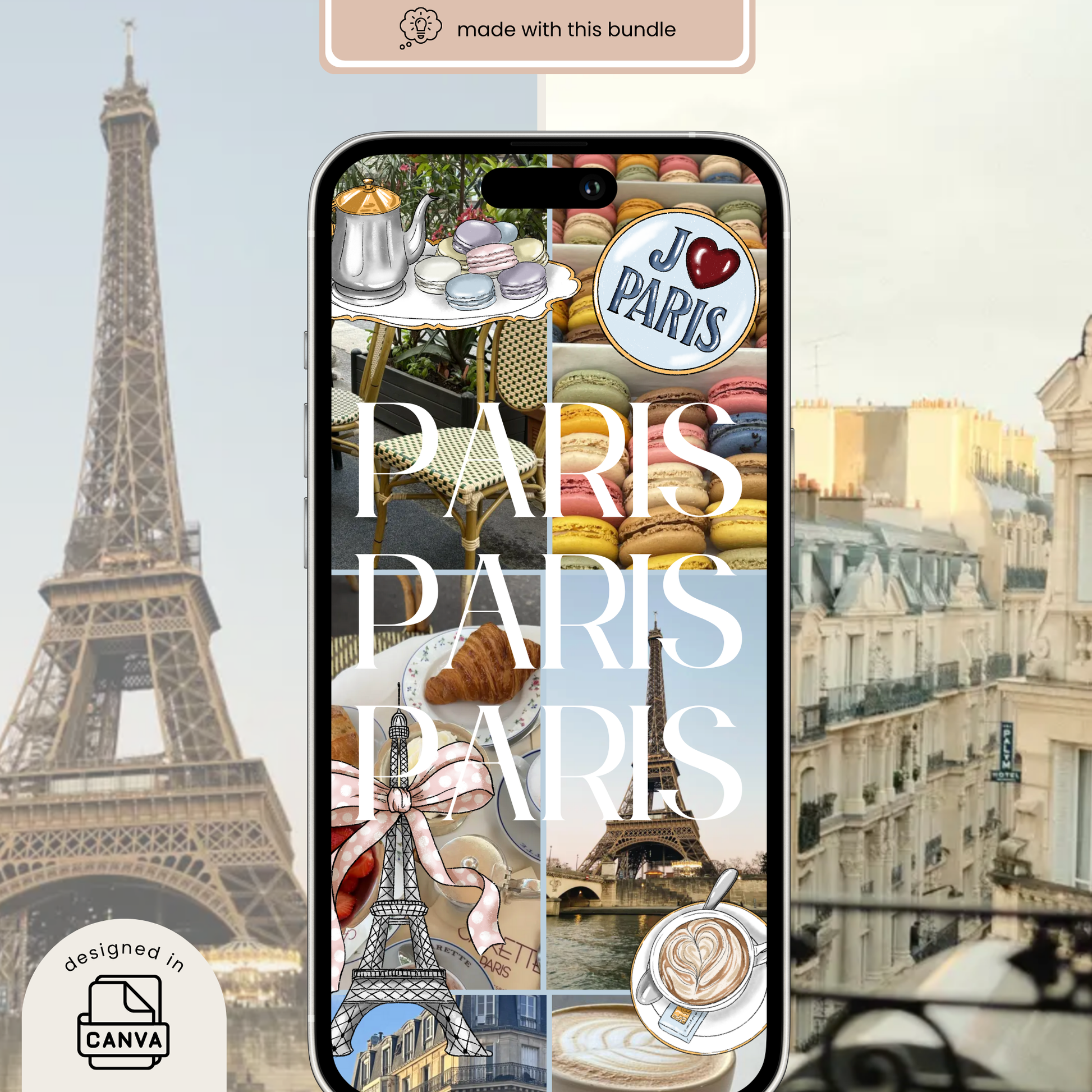 Digital sticker preview in GoodNotes on iPhone with Paris aesthetic background