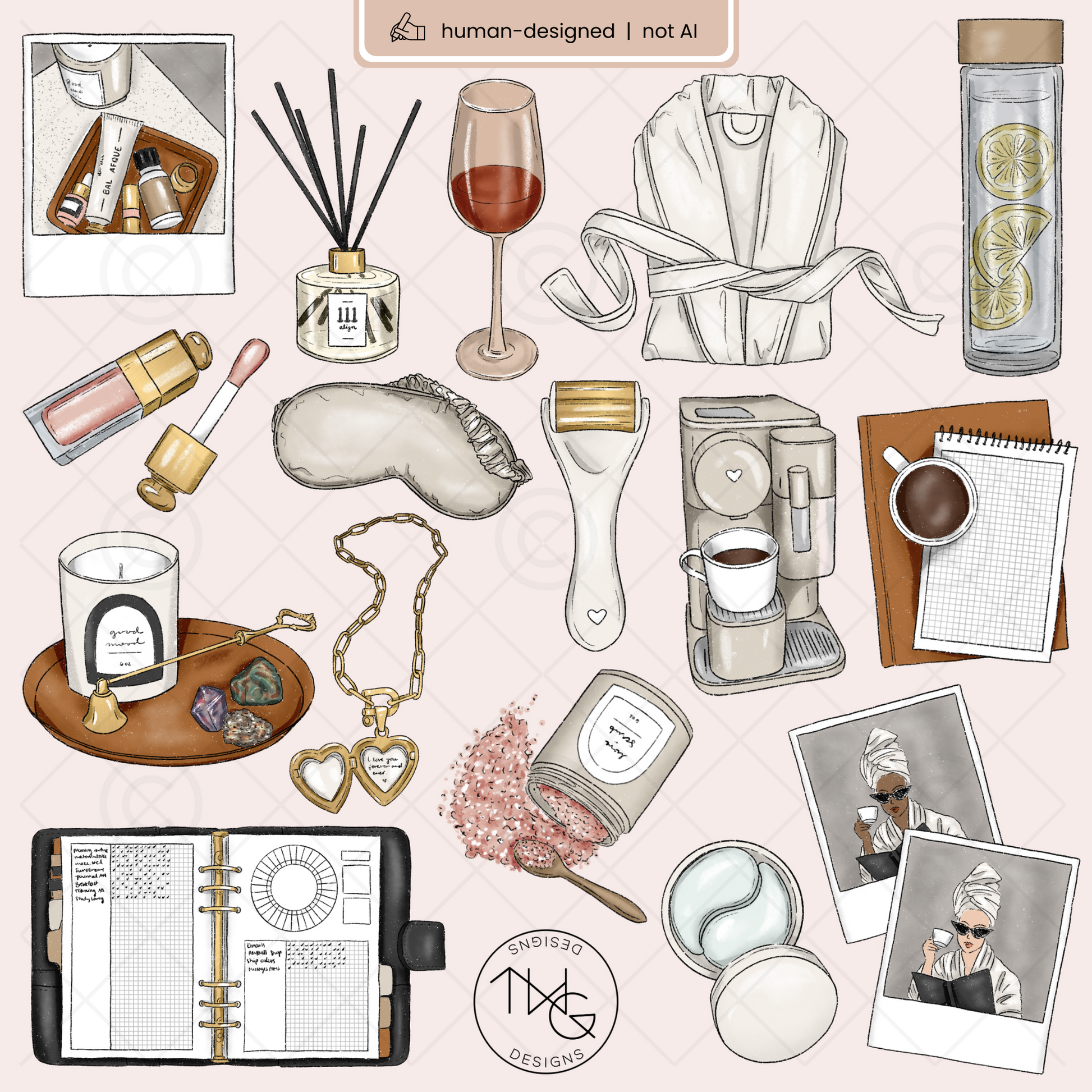 Individual graphics of robe, journals, coffee maker, and self care clipart items arranged for clarity.