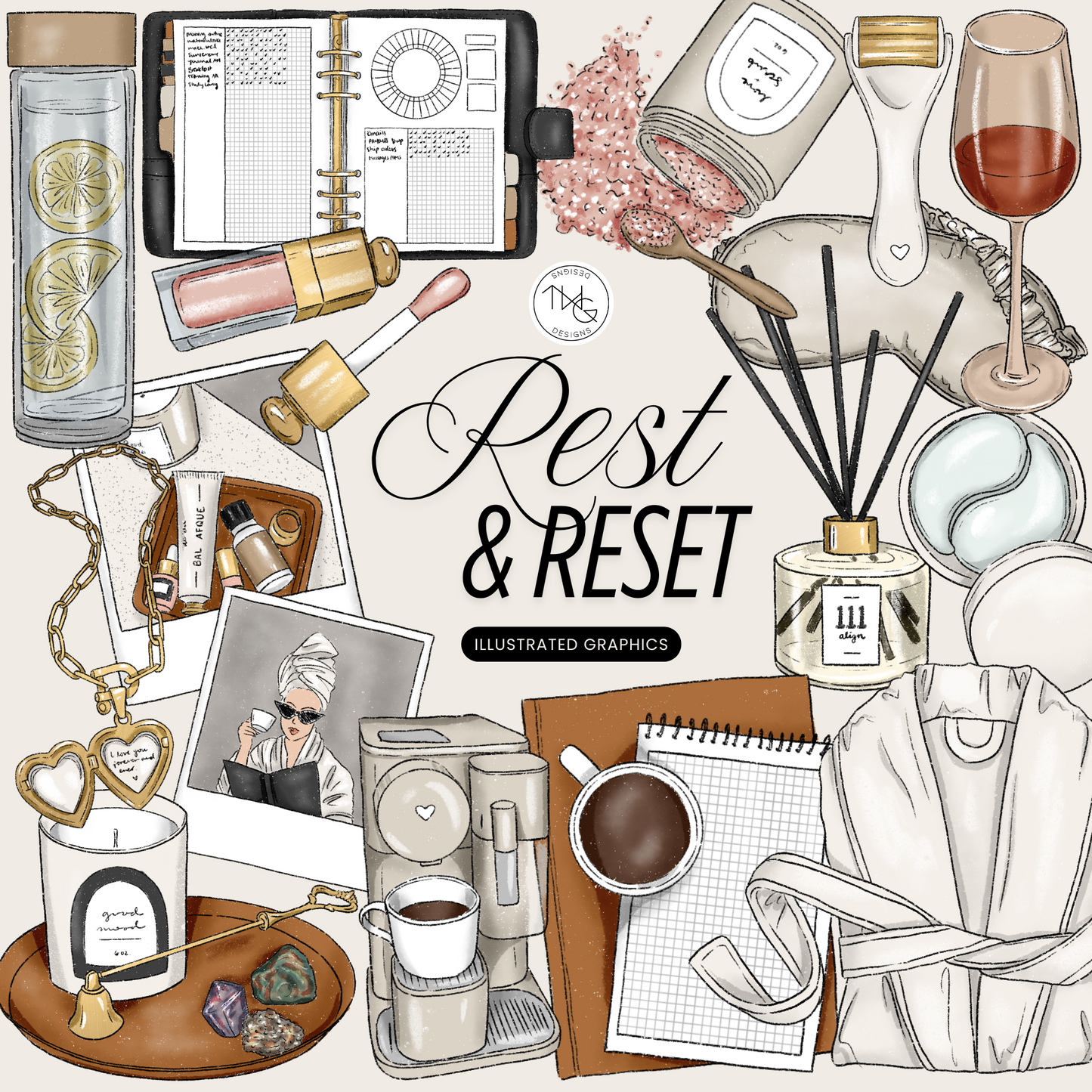 A collage of self care inspired illustrated clipart elements featuring trendy self care items including robe, planner, coffee, and spa accessories