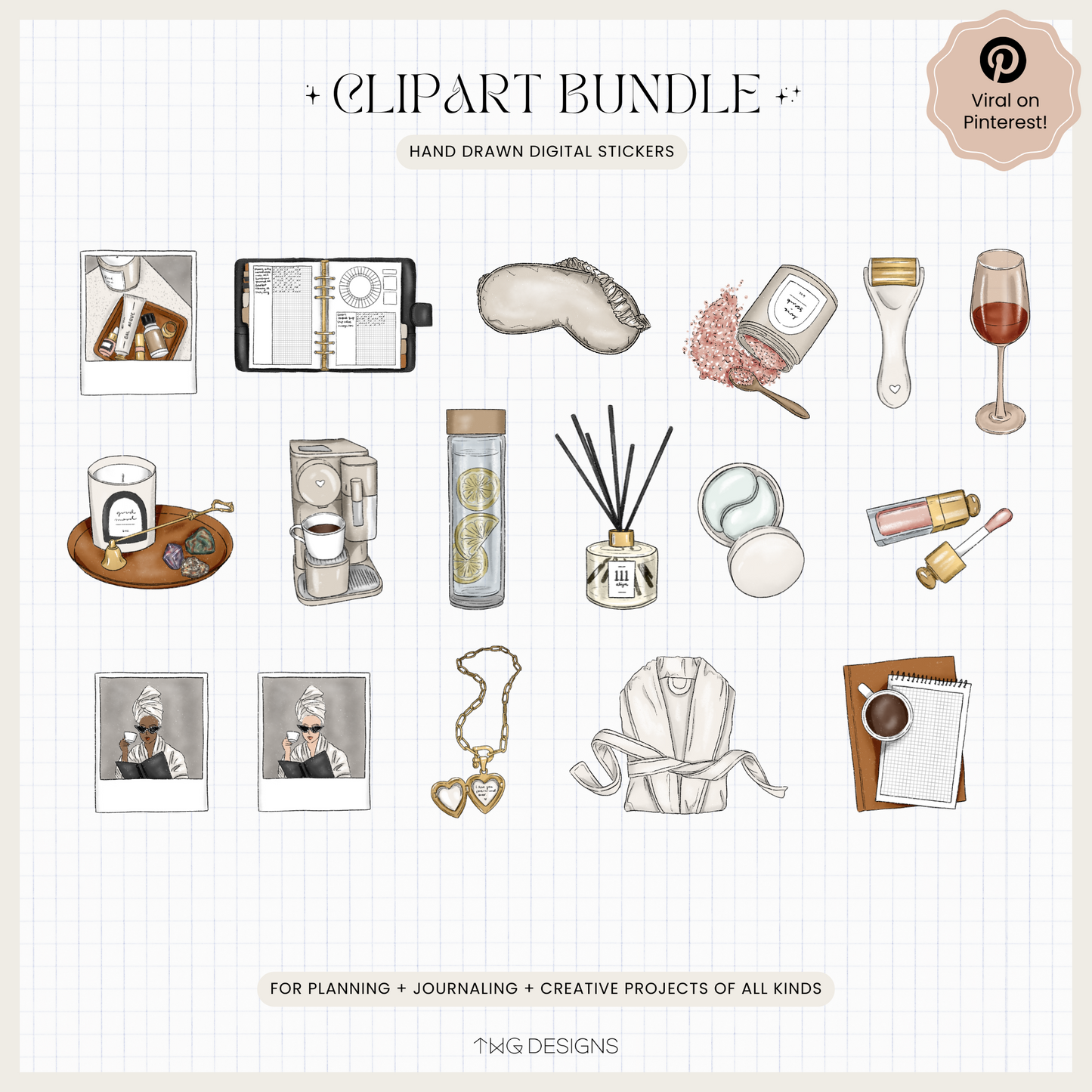 Preview of included clipart elements such as heart sunglasses, candles, face roller, and wine glass