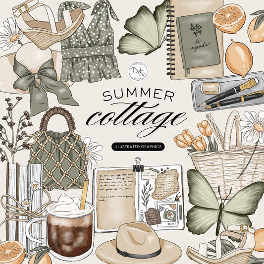A collage of hand-drawn summer cottage-themed illustrations including butterflies, iced coffee, hat, woven bag, notebook, and orange slices in neutral tones.
