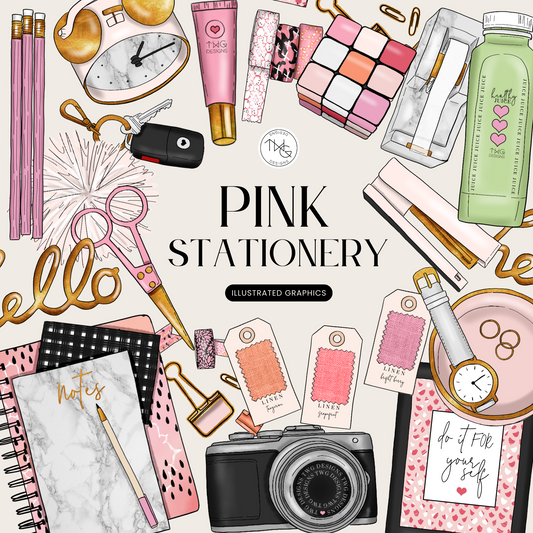 Hand-drawn collage of pink aesthetic stationery items including notebooks, camera, pens, gold scissors, makeup, and matcha water bottle for digital planners.