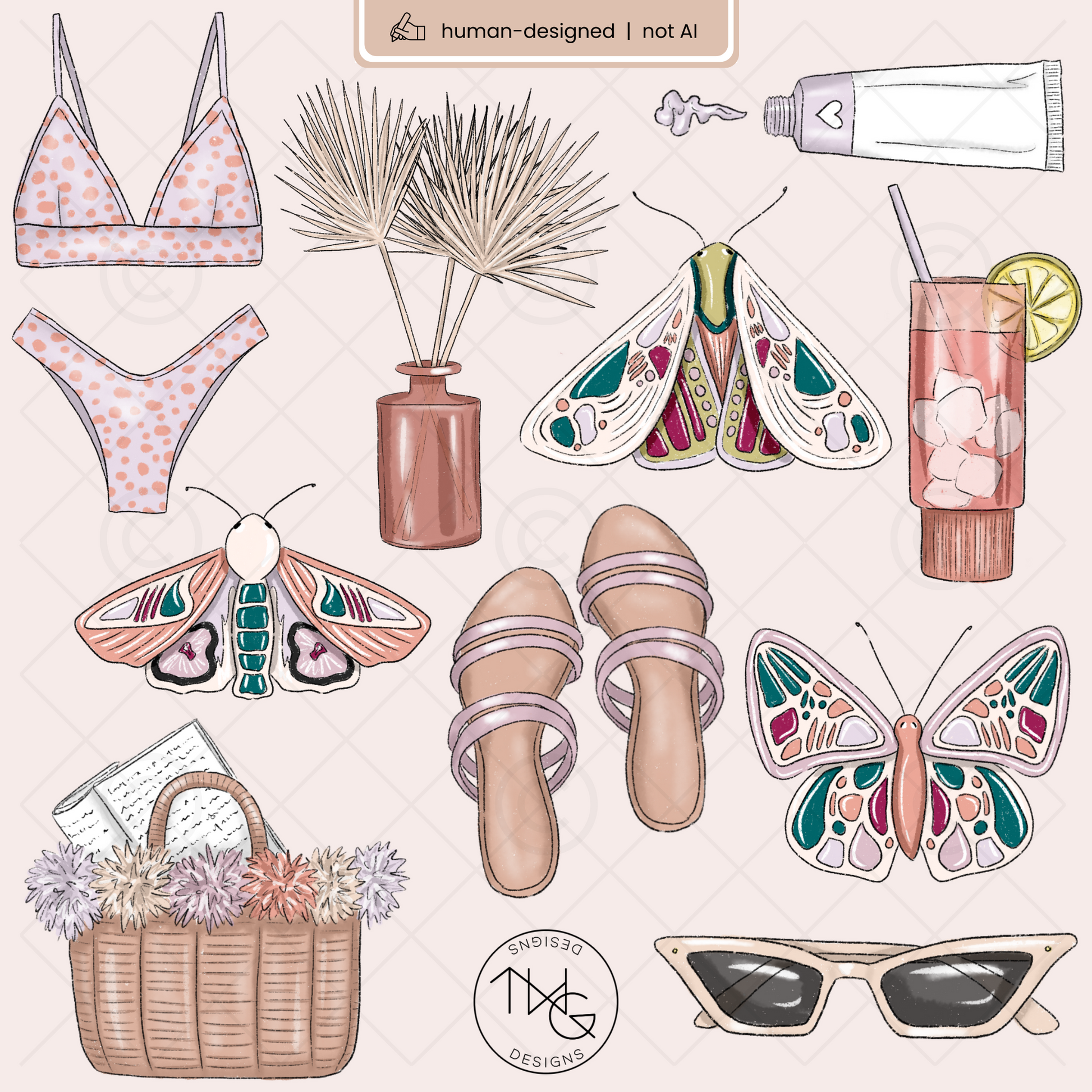 Illustrated summer scene using butterflies, bikinis, flip flops, basket bag, and retro accessories from the clipart bundle.