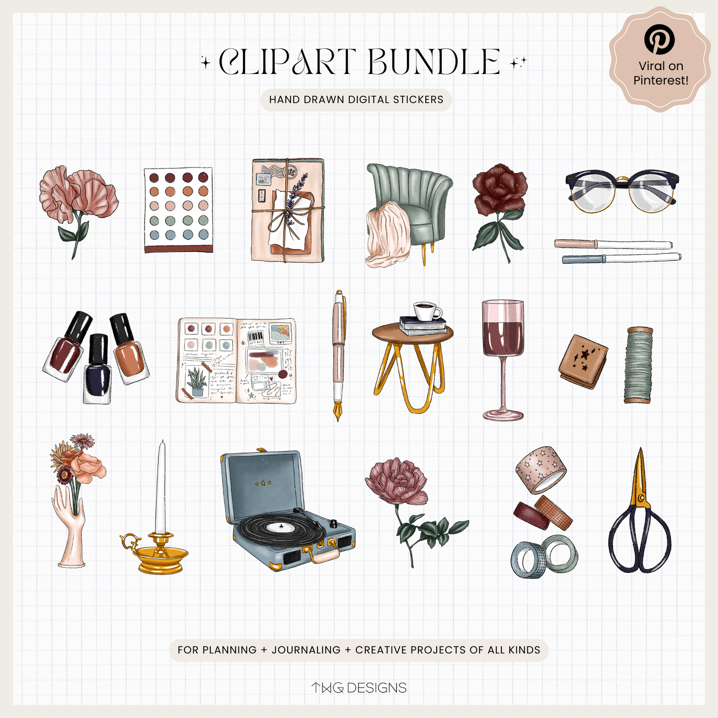 All 19 high-resolution PNG stickers displayed in a tidy layout including cozy decor, journaling tools, florals, scissors, and tape.