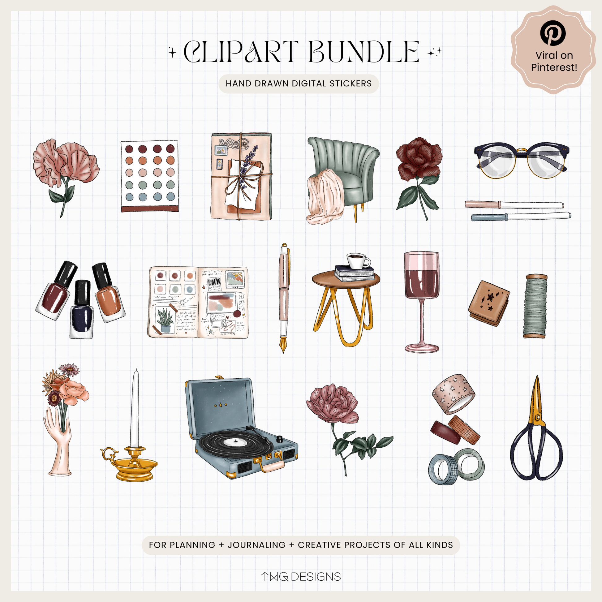 All 19 high-resolution PNG stickers displayed in a tidy layout including cozy decor, journaling tools, florals, scissors, and tape.