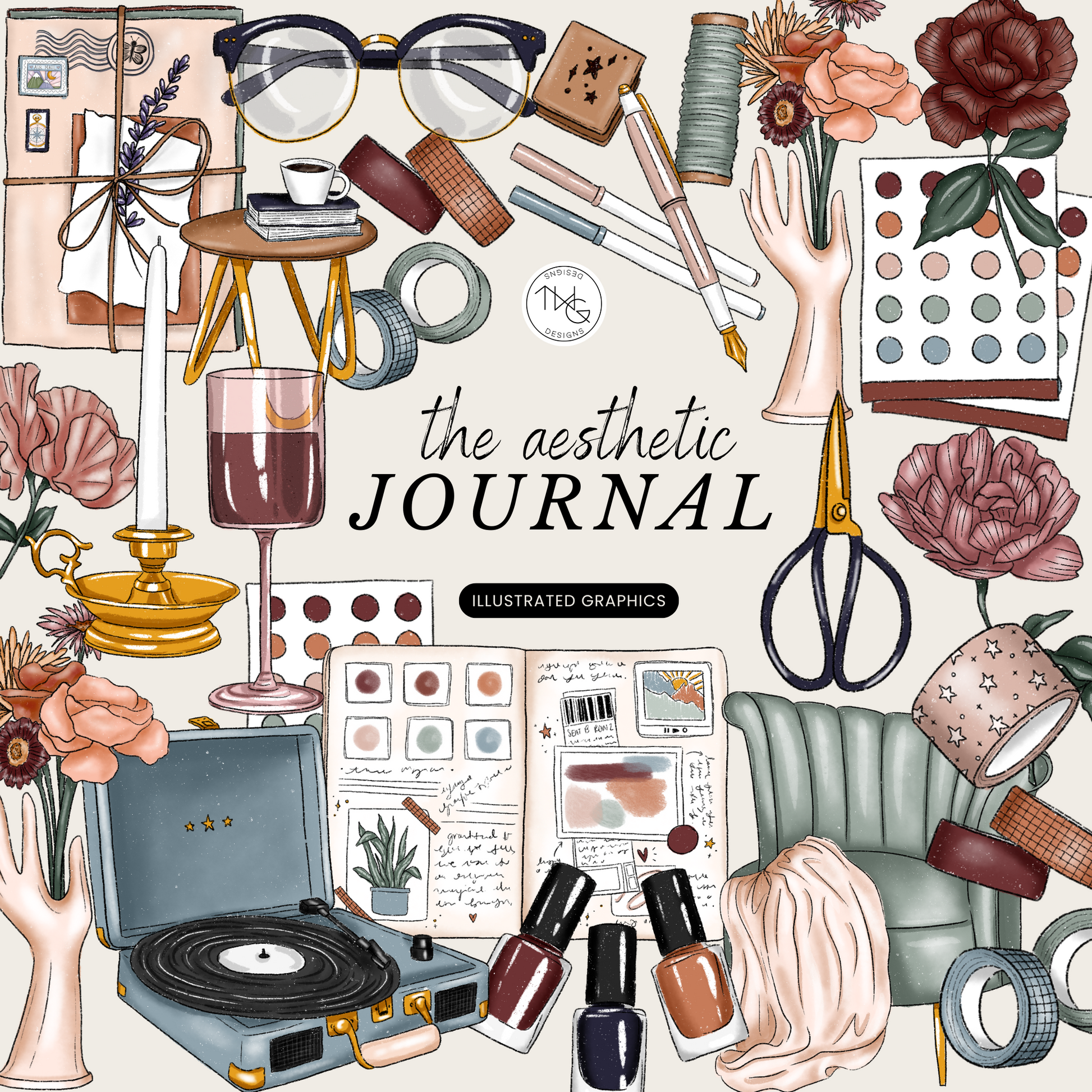 A collage of moody, vintage-inspired clipart elements including wine glass, vinyl player, tape, florals, nail polish, and planner tools from the Aesthetic Journal Clipart Bundle.
