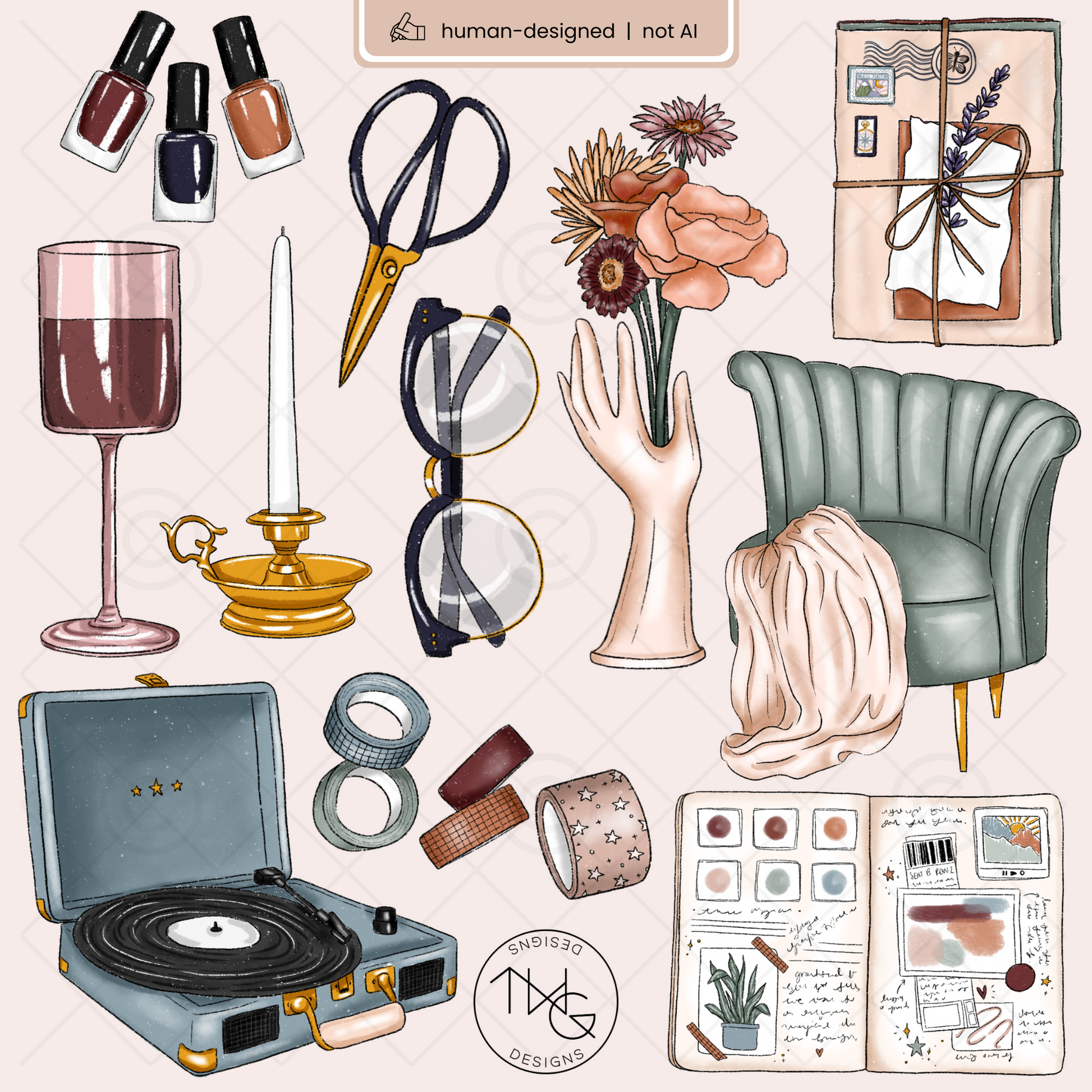 Hand drawn digital stickers arranged aesthetically with a green velvet chair, wine glass, gold candlestick, florals, vinyl player, and aesthetic journaling elements.