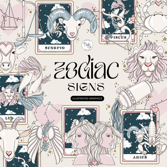 A collage of hand-drawn zodiac signs and celestial clipart including Aries, Leo, Scorpio, and Pisces symbols with mystical and starry backgrounds.