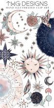 Load image into Gallery viewer, zodiac and celestial clipart collection with stars and crescent moons