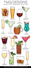 Load image into Gallery viewer, cocktails beer and wine clipart bundle with hand drawn illustrated digital artwork graphics 