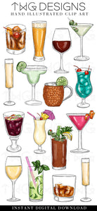 cocktails beer and wine clipart bundle with hand drawn illustrated digital artwork graphics 