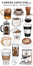 Load image into Gallery viewer, neutral coffee clipart with espresso maker latte and iced coffee as bundle for instant download personal and commercial use