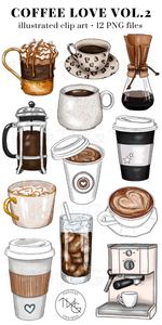 neutral coffee clipart with espresso maker latte and iced coffee as bundle for instant download personal and commercial use