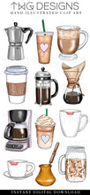 Load image into Gallery viewer, aesthetic coffee clipart for personal and commercial use illustrated graphic art graphics download