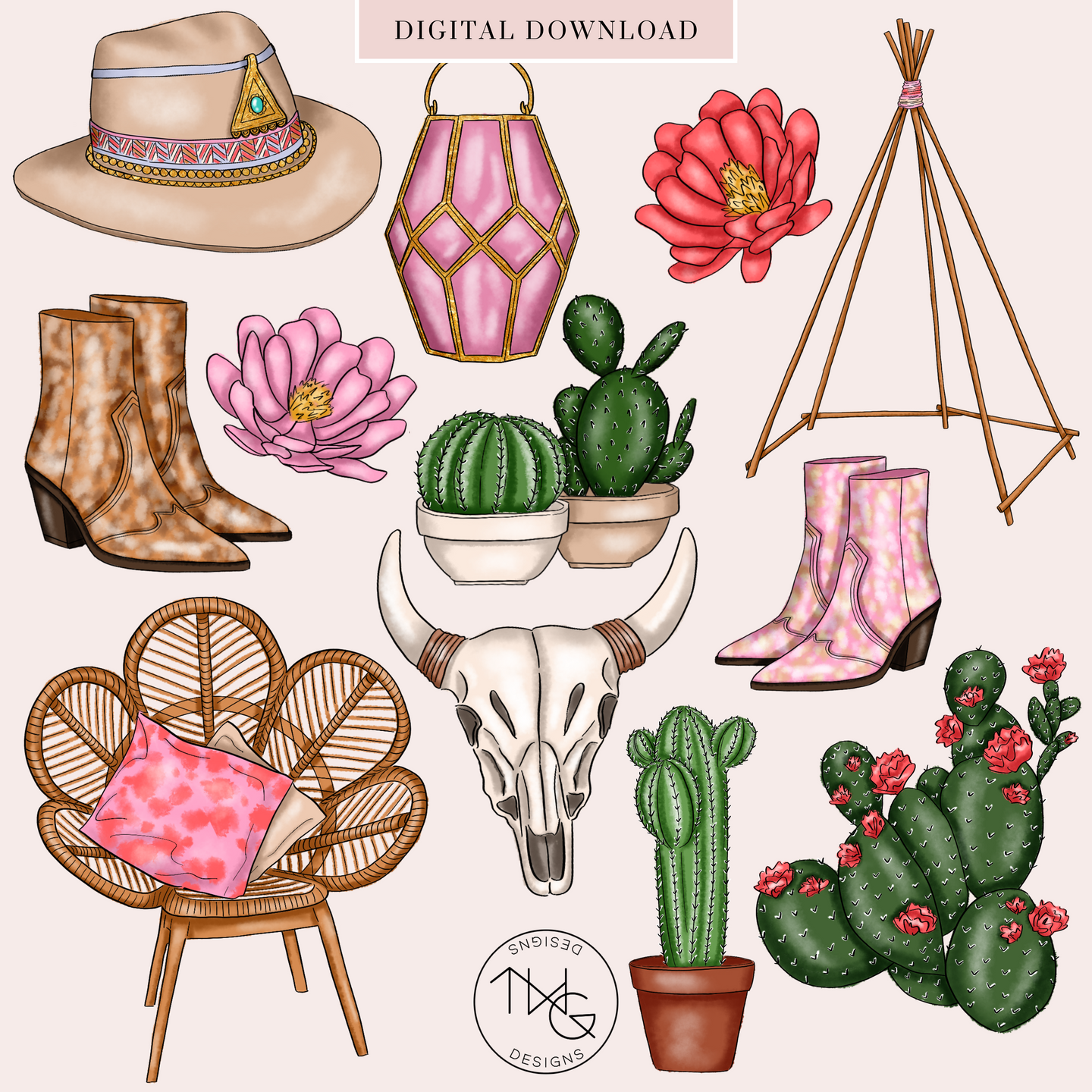 boots clipart western desert elements digital graphics bundle