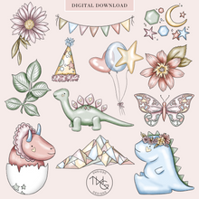 Load image into Gallery viewer, dinosaur clipart and birthday party elements