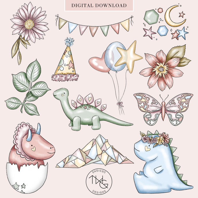 dinosaur clipart and birthday party elements