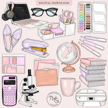 Load image into Gallery viewer, pink and purple school and teacher clipart elements 