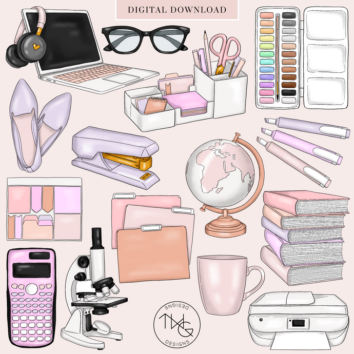 pink and purple school and teacher clipart elements 