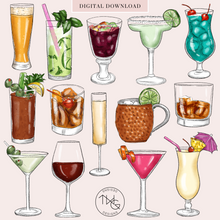 Load image into Gallery viewer, cocktails clipart collection of hand drawn digital artwork graphics on pink background