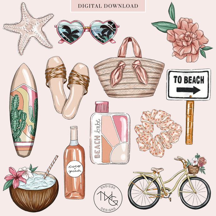 summer beach hand drawn clipart png graphics