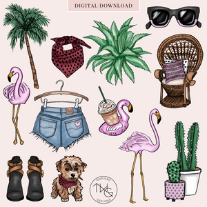 desert cactus clipart with flamingos and fashion accessories clipart bundle